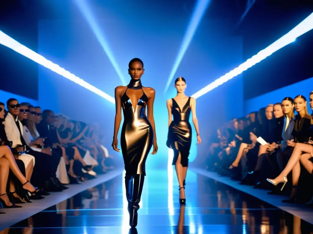 Influencia de Thierry Mugler en la moda: Desfile de moda con diseños icónicos y atmósfera impactante, modelos en pasarela y público admirando