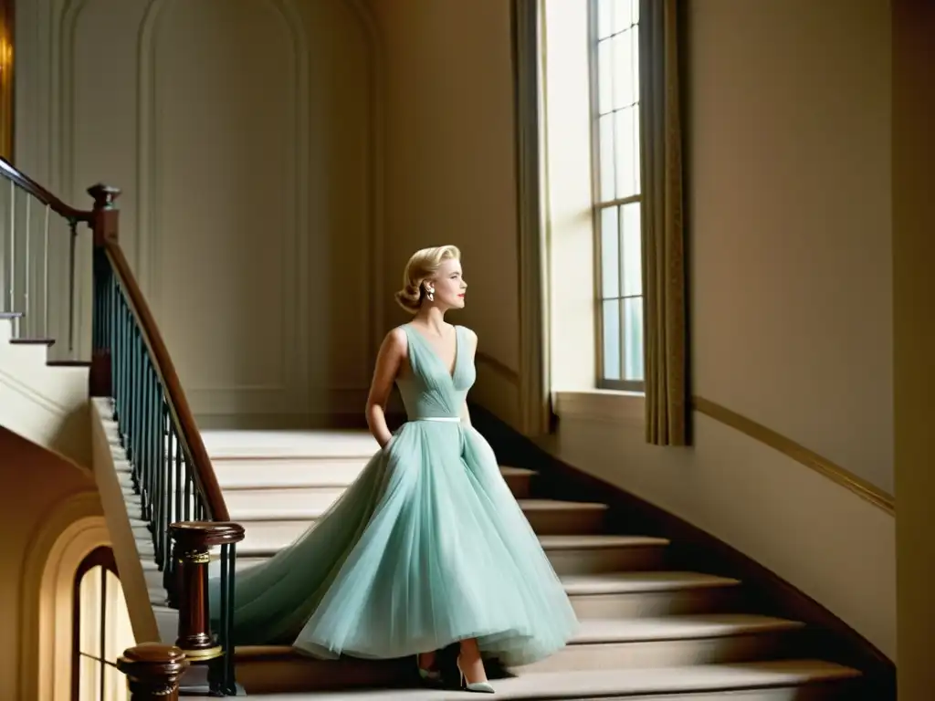 Influencia de Grace Kelly en la moda: Grace Kelly desciende elegantemente una escalera en un vestido atemporal, iluminada por la suave luz natural