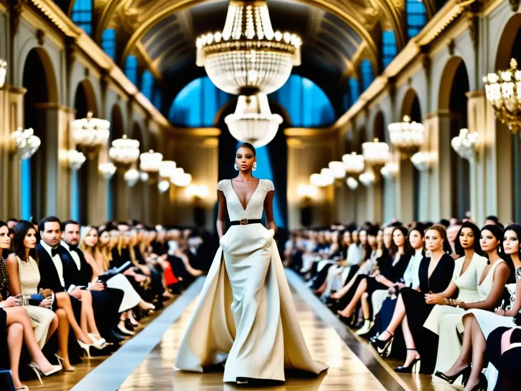 Influencia de la moda francesa: Desfile de moda en París con elegantes modelos y diseños icónicos, capturando la opulencia y sofisticación del evento