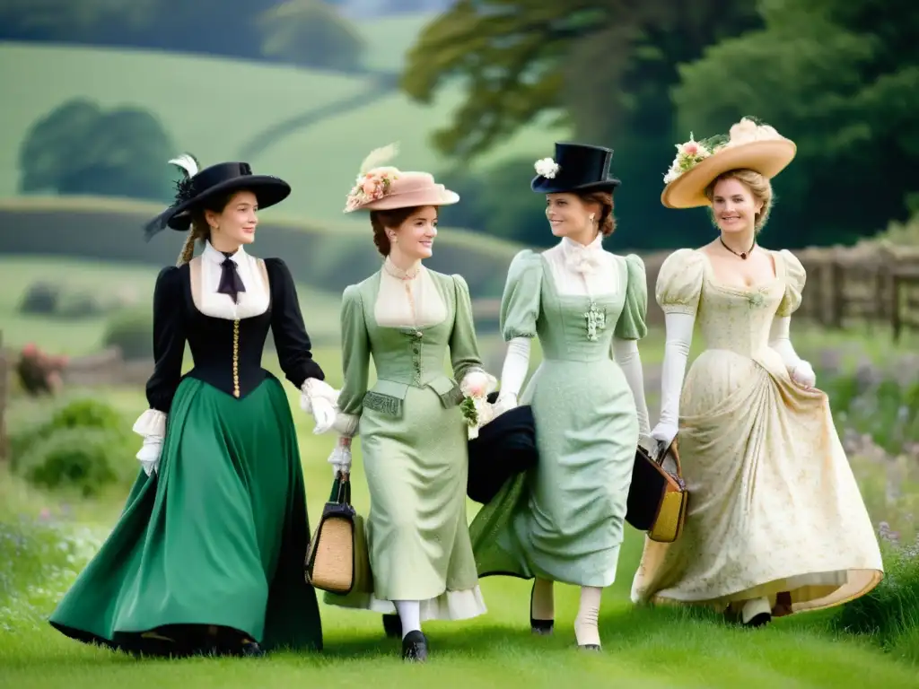 Paseo elegante en el campo inglés del siglo XIX Influencia de Jane Austen en la moda: Grupo elegante pasea por campo inglés, evocando la refinada elegancia de la época de Austen