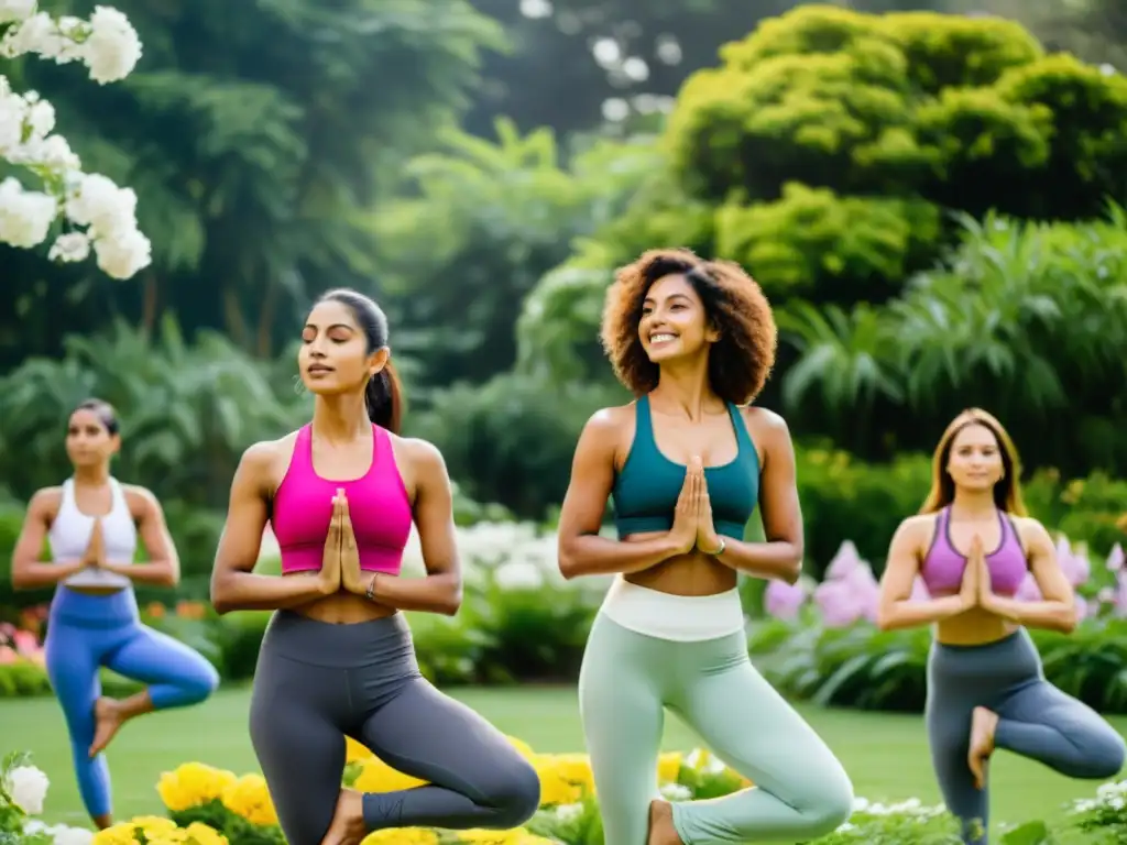 Influencia del yoga en moda: Grupo de mujeres indias visten ropa cómoda y elegante, practicando yoga en un jardín exuberante