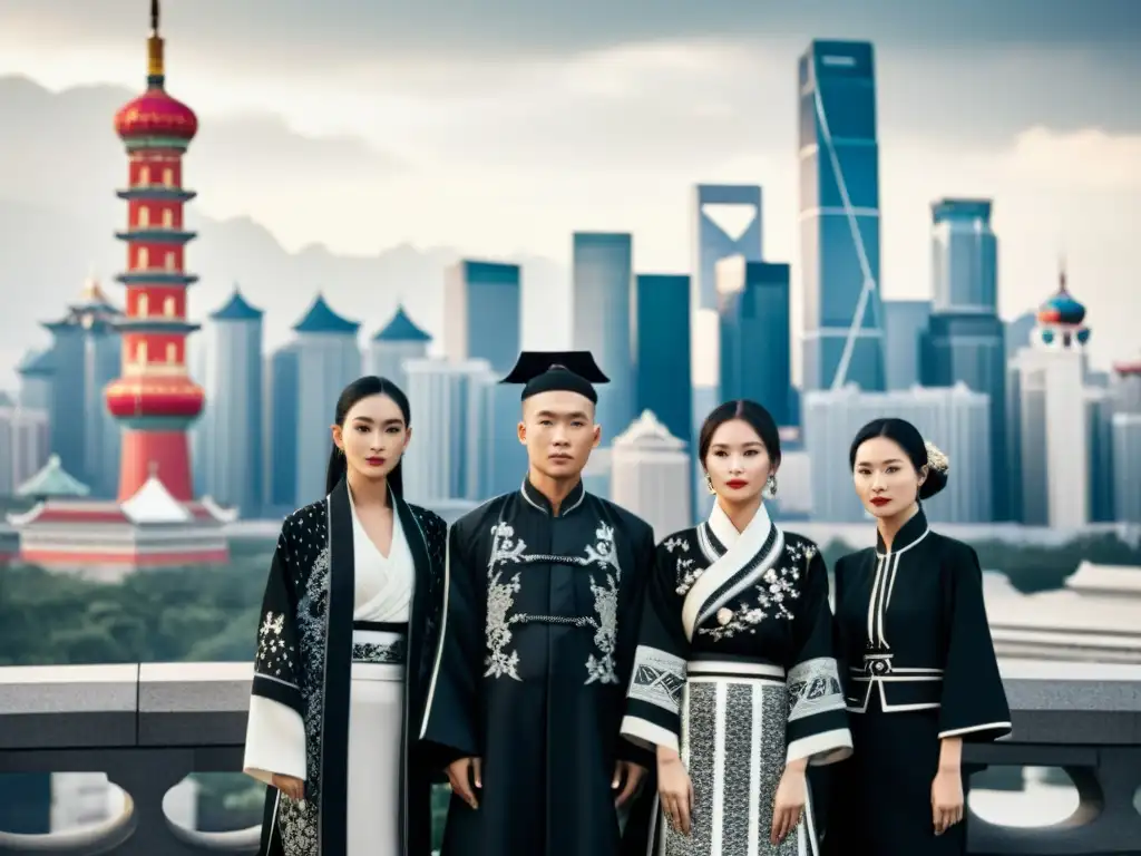 Influencia de la moda oriental: Grupo en trajes chinos tradicionales frente al paisaje urbano moderno, fusionando lo clásico con lo contemporáneo