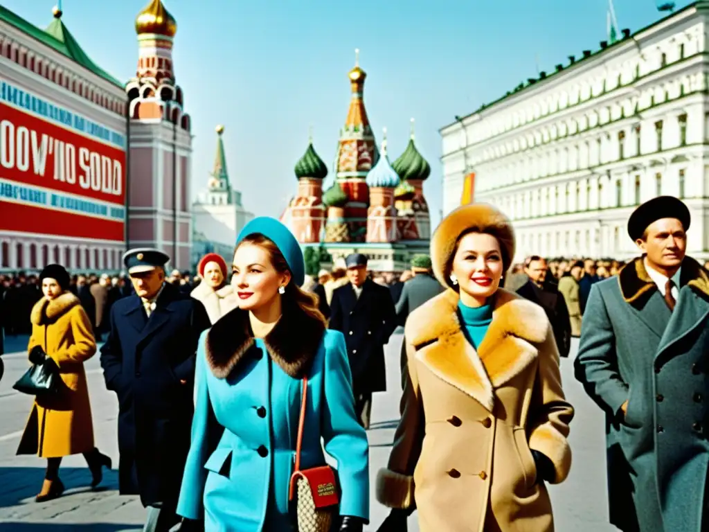 Influencia de la moda soviética en la bulliciosa calle de Moscú de los años 60, capturando la energía y la moda de la época