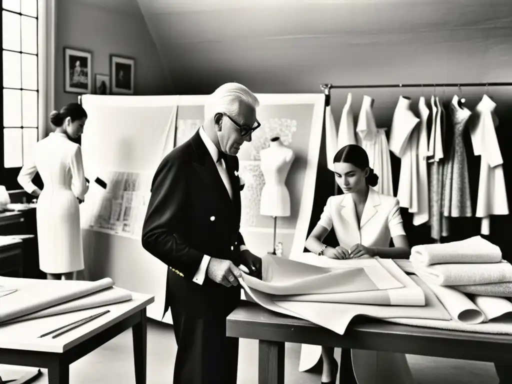 Influencia del prêtàporter de Givenchy: Hubert de Givenchy trabaja en su atelier rodeado de bocetos, telas y un equipo de costureras