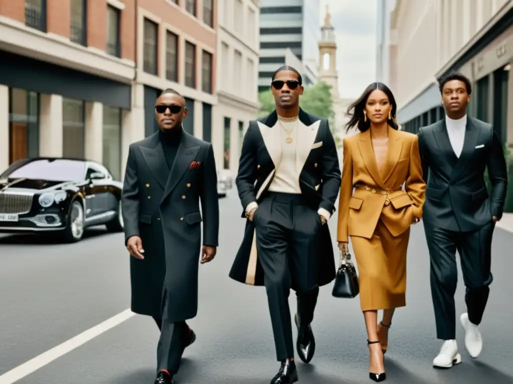 Influencia del prêtàporter de Givenchy: Grupo diverso y estilizado camina por la ciudad, fusionando moda y vida cotidiana