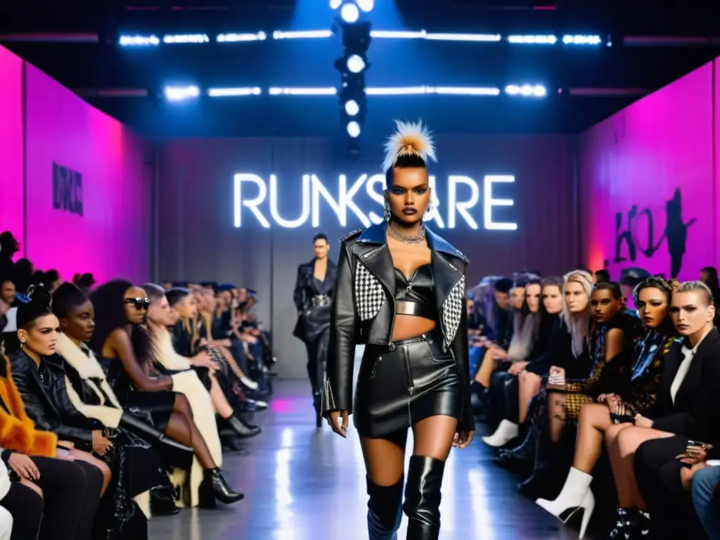 Influencia del punk en la alta costura: Desfile de moda con atuendos punk y público impactado por la fusión vanguardista