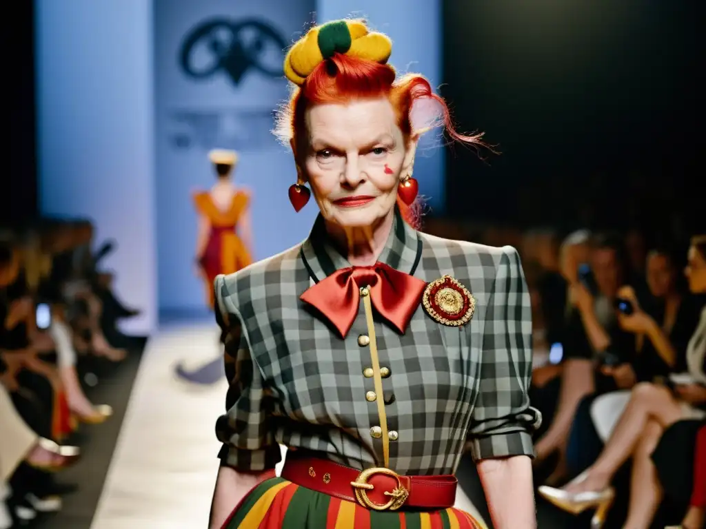 Influencia del punk en la alta costura: Vivienne Westwood deslumbra en un atuendo punk desafiante en la pasarela, representando rebeldía y creatividad