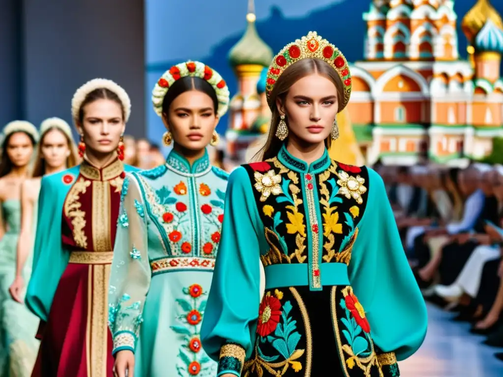 Influencia rusa en la alta moda: Desfile de moda en Rusia con diseños lujosos y motivos tradicionales, modelos en pasarela y decorados opulentos