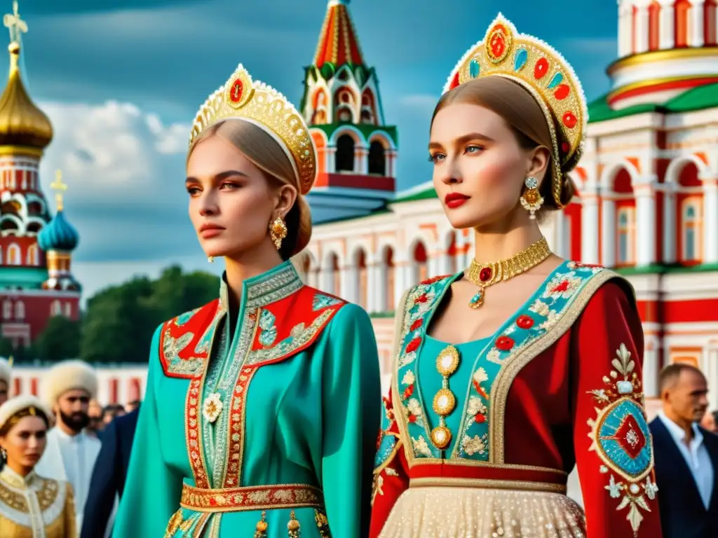 Influencia rusa en la alta moda: Desfile de moda rusa con trajes tradicionales ricamente decorados y modelos elegantes en una pasarela impresionante