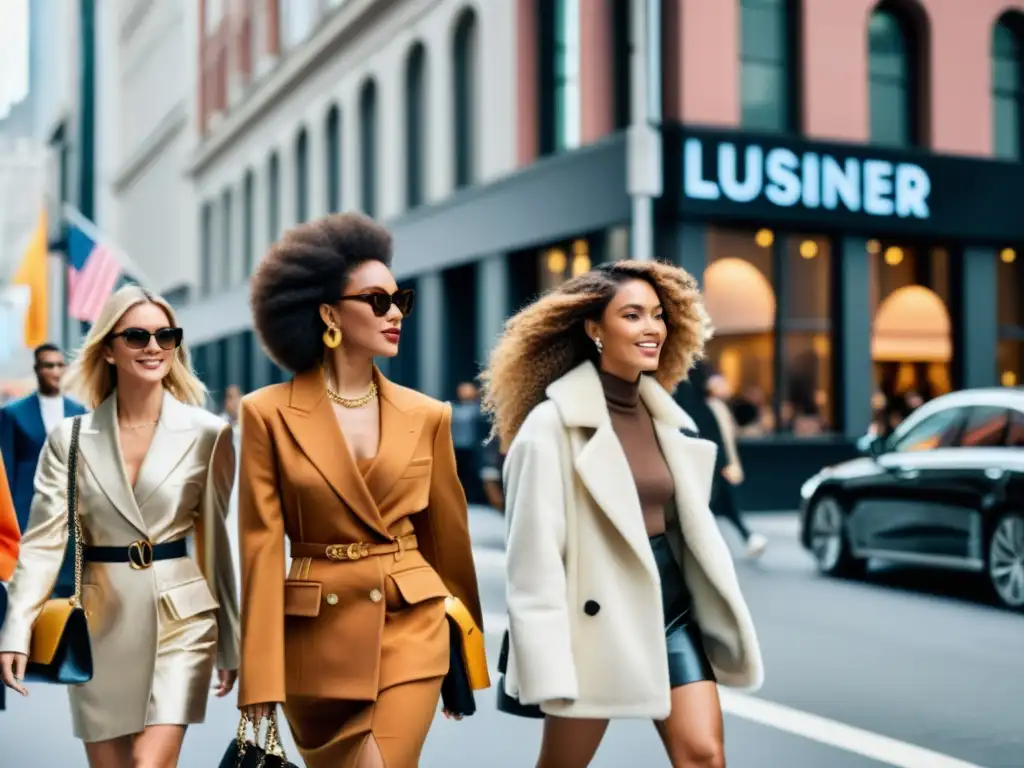 Influencia street style semanas moda: Moda urbana en semana de la moda, con influencers luciendo atuendos únicos y confiados en la bulliciosa ciudad