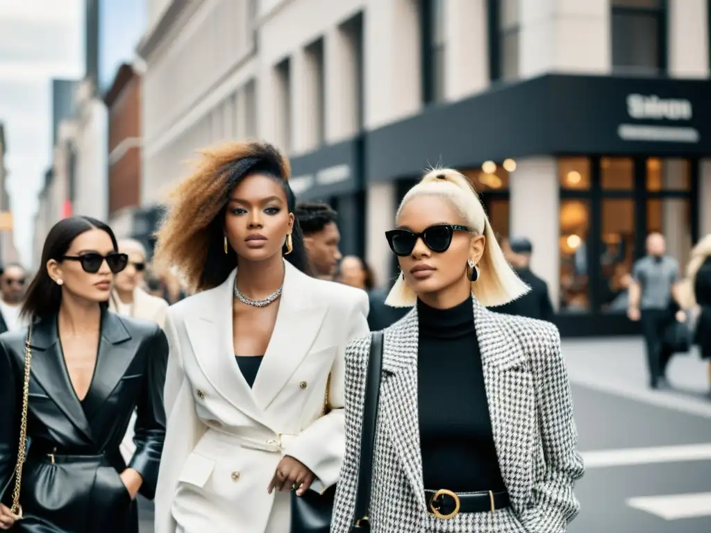 Influencia street style semanas moda: Imagen de la bulliciosa calle de la ciudad en blanco y negro, con personas mostrando su estilo único durante la semana de la moda, creando una representación auténtica del influente escenario de street style