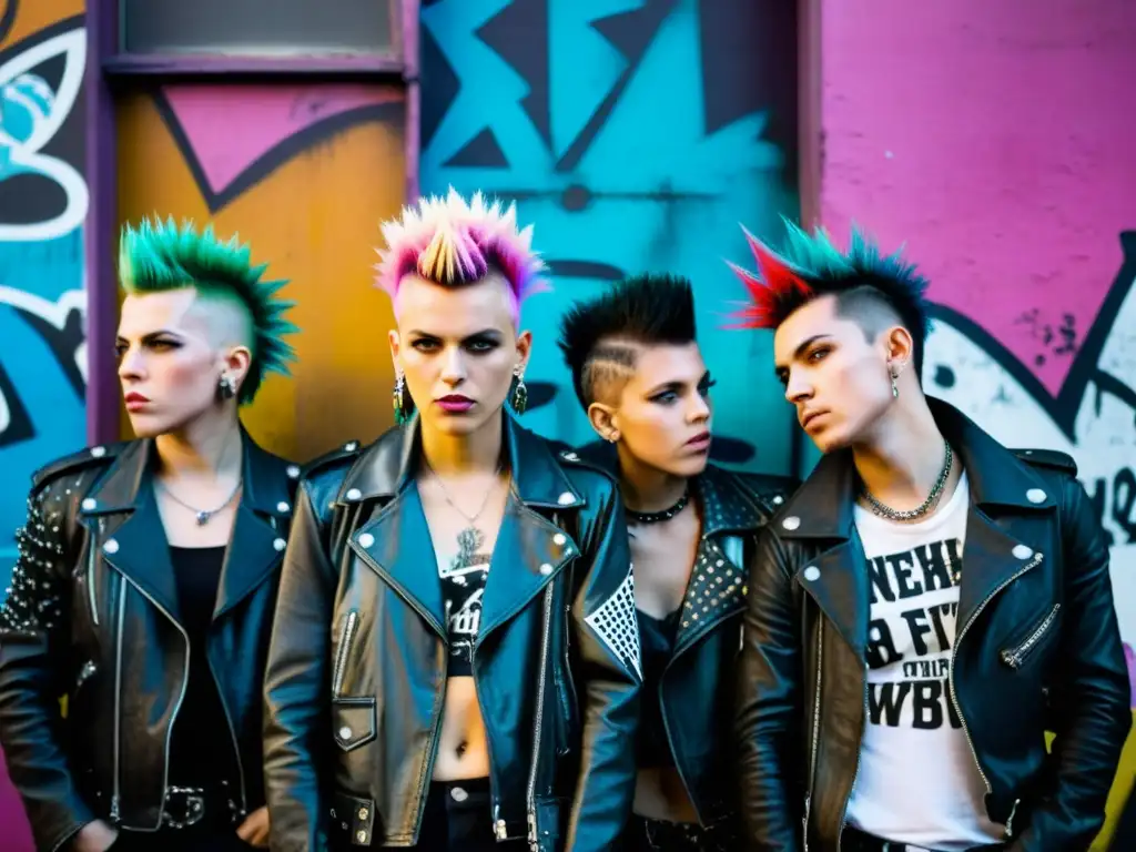 Influencia de subculturas en la moda masculina del siglo XX: Grupo de punks desafiantes con mohicanos coloridos y chaquetas de cuero frente a un muro graffiteado, capturando la esencia rebelde de la subcultura punk en los años 80