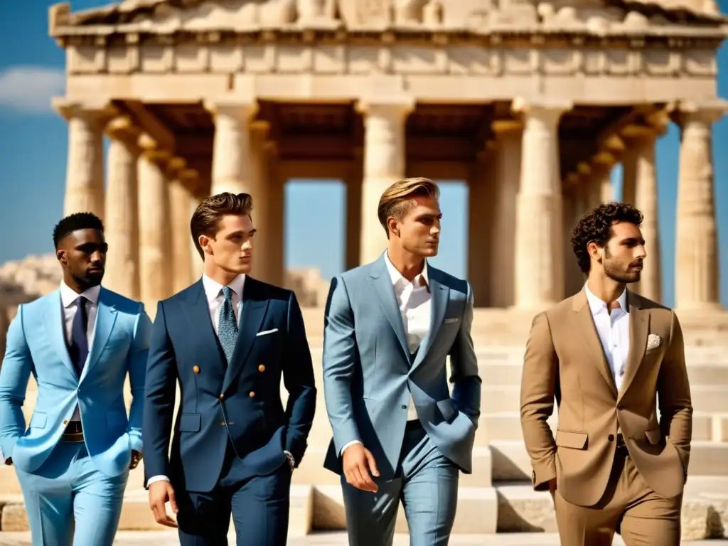 Influencias clásicas moda masculina contemporánea: Modelos masculinos lucen trajes elegantes en escenarios clásicos, fusionando lo antiguo y moderno