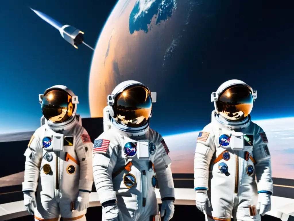 Innovaciones tecnológicas en moda espacial: Grupo de astronautas con trajes futuristas junto a estación espacial y vista de la Tierra al fondo