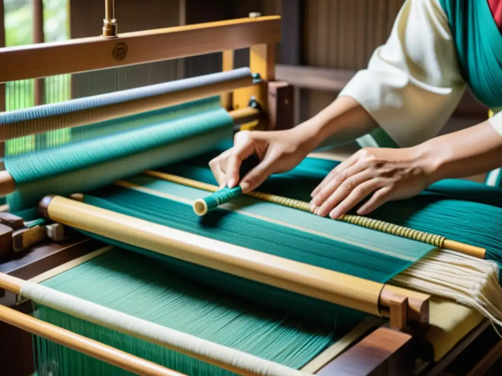 Innovaciones en tejidos moda asiática: Detalle de telar japonés tradicional en manos de hábil artesano, tejido con patrones e colores vibrantes