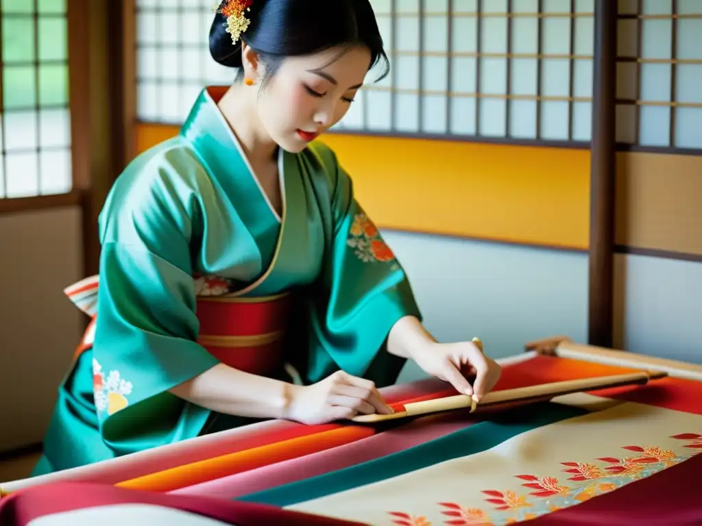 Innovaciones en tejidos moda asiática: Artesana japonesa pintando un kimono de seda con patrones intrincados