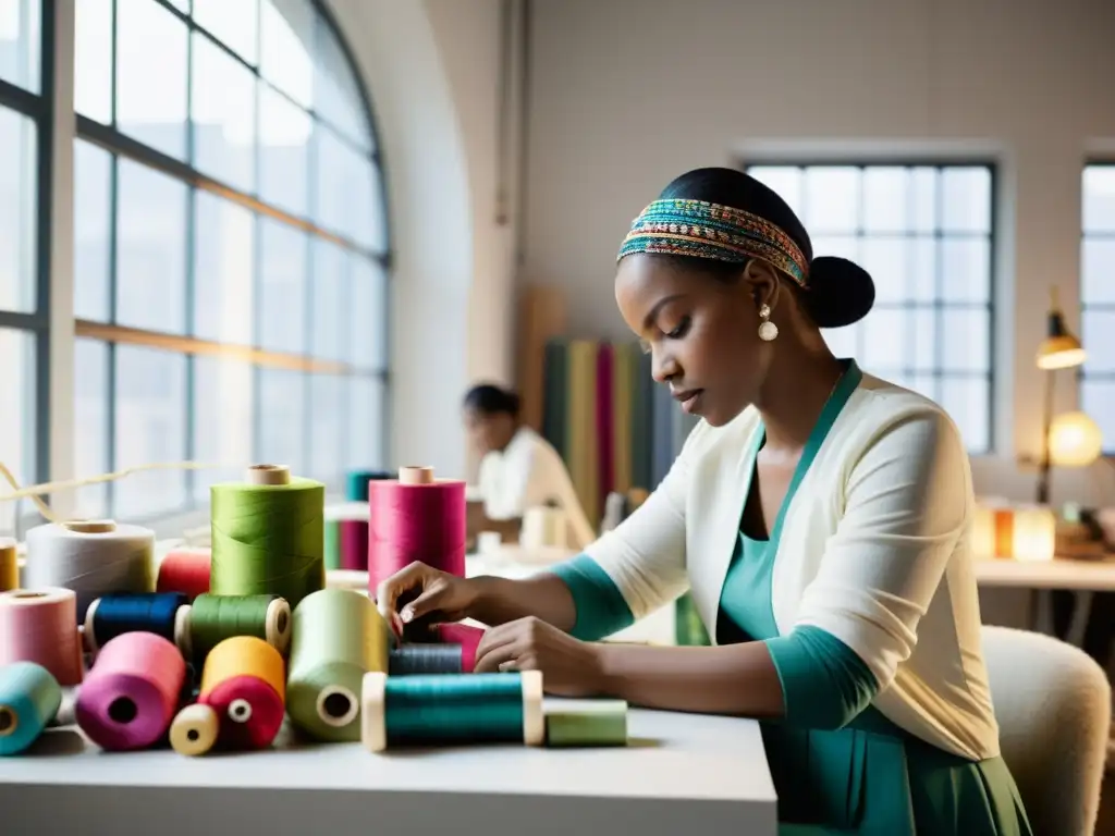 Innovadores textiles reciclados moda futuro: Diseñador de moda crea prenda sostenible en atelier moderno, rodeado de hilos y telas coloridas