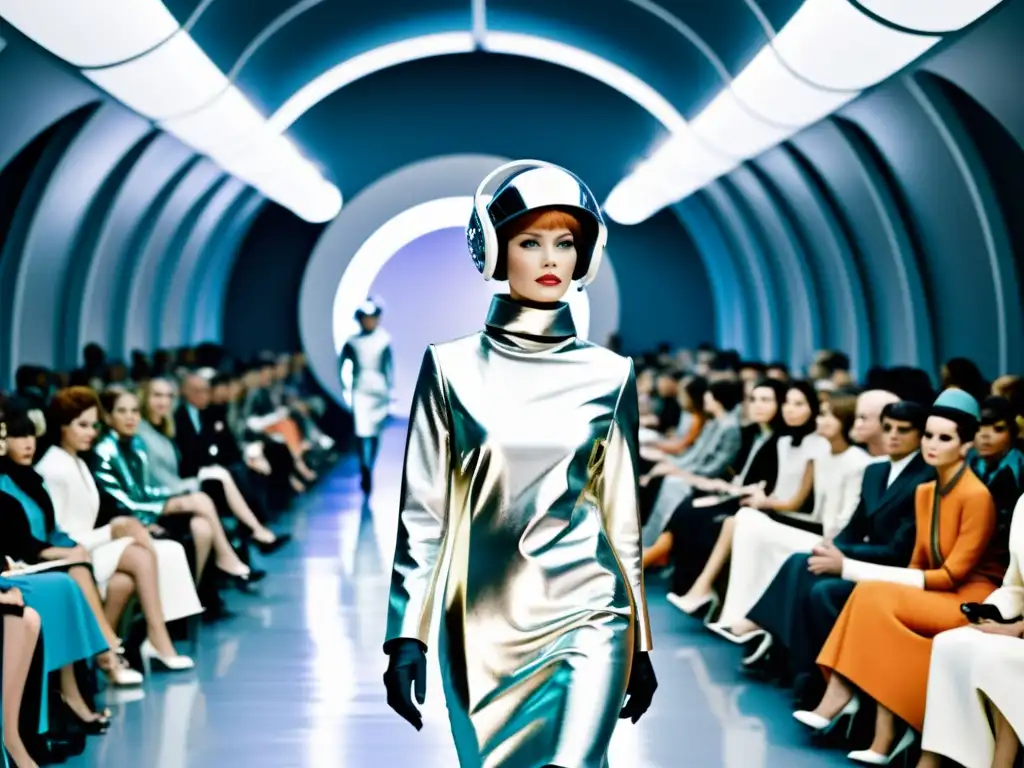 Inspiradora pasarela de moda de los años 60 con influencia de la moda espacial, modelos desfilando con atuendos futuristas