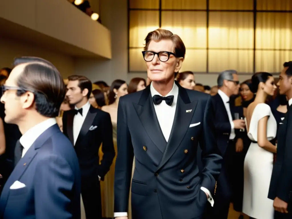 Yves Saint Laurent en una intensa conversación rodeado de la elegancia de la moda lujo en París, durante un desfile de moda