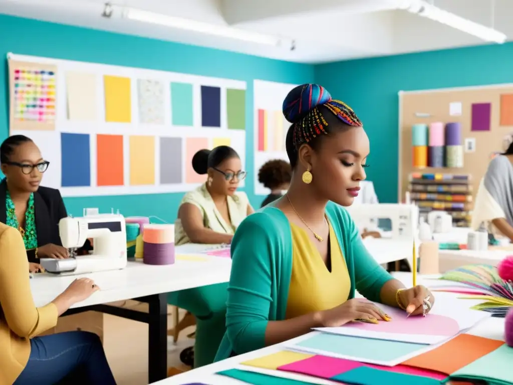 Intenso ambiente creativo en un estudio de moda, diseñadores colaborando en una plataforma de moda crowdsourcing impacto cultural