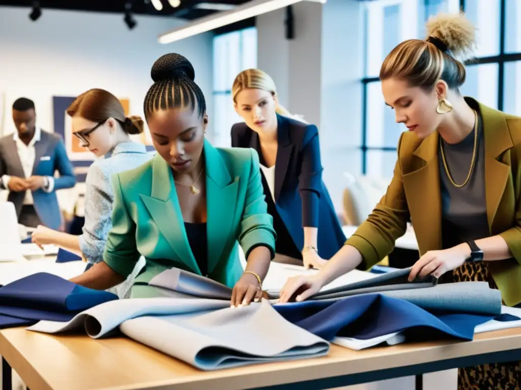 Intenso evento de colaboración en moda, con diseñadores, modelos y estilistas trabajando juntos para dar vida a su visión