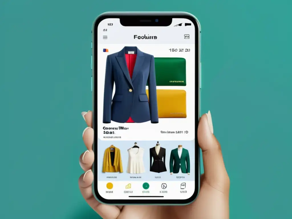 Interfaz de app de moda personalizada en smartphone, con recomendaciones de estilo y opciones de moda personalizadas