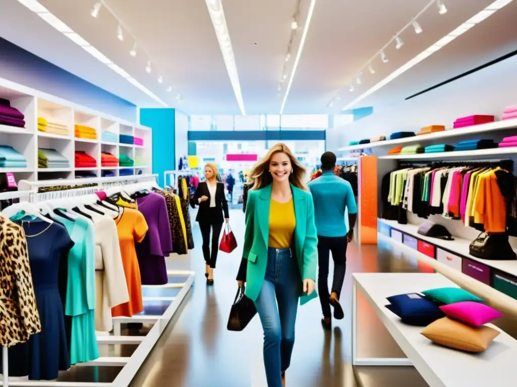 Interior bullicioso de una tienda de moda, con clientes buscando ropa y probándose prendas