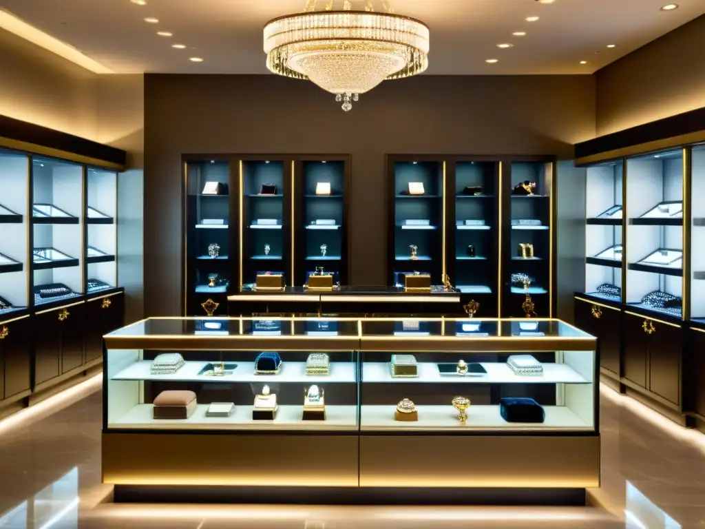 Interior lujoso de joyería con joyas brillantes en vitrinas, iluminación elegante y atención al cliente