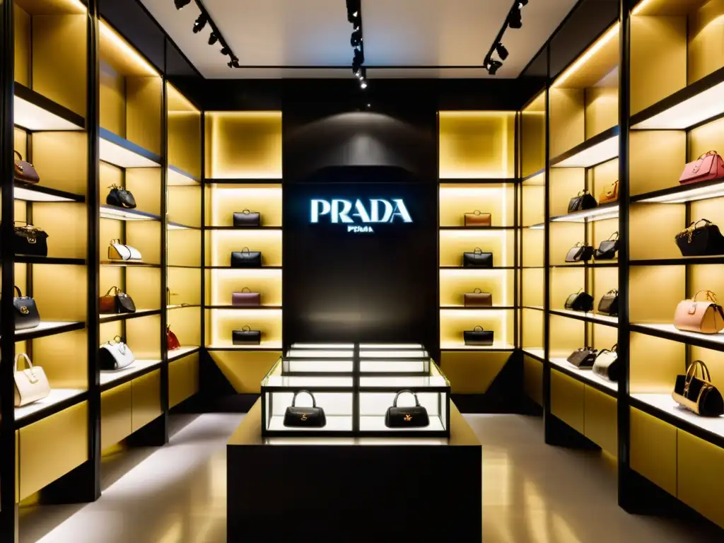 Interior lujoso de tienda Prada, con modernas estanterías exhibiendo bolsos y accesorios