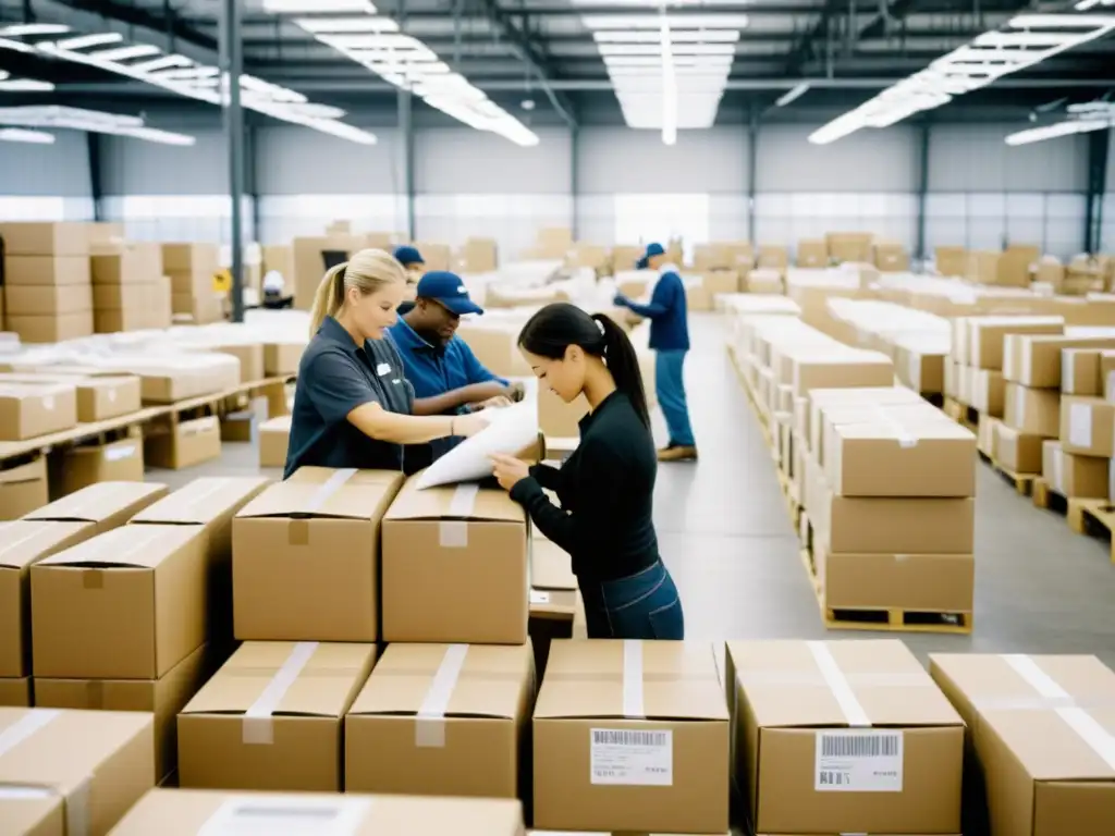 Interior de almacén de moda de principios de los 2000 con trabajadores empaquetando pedidos