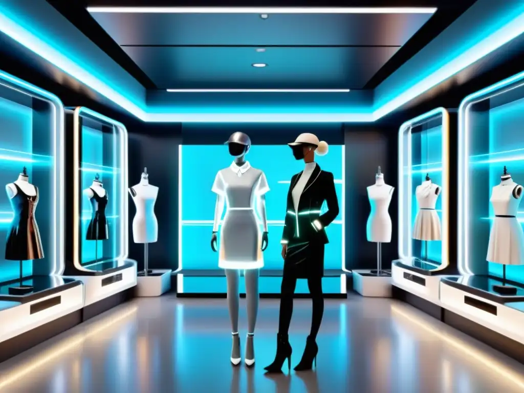 Interior de tienda de moda con maniquíes en prendas de realidad aumentada, mostrando información de productos y pruebas virtuales