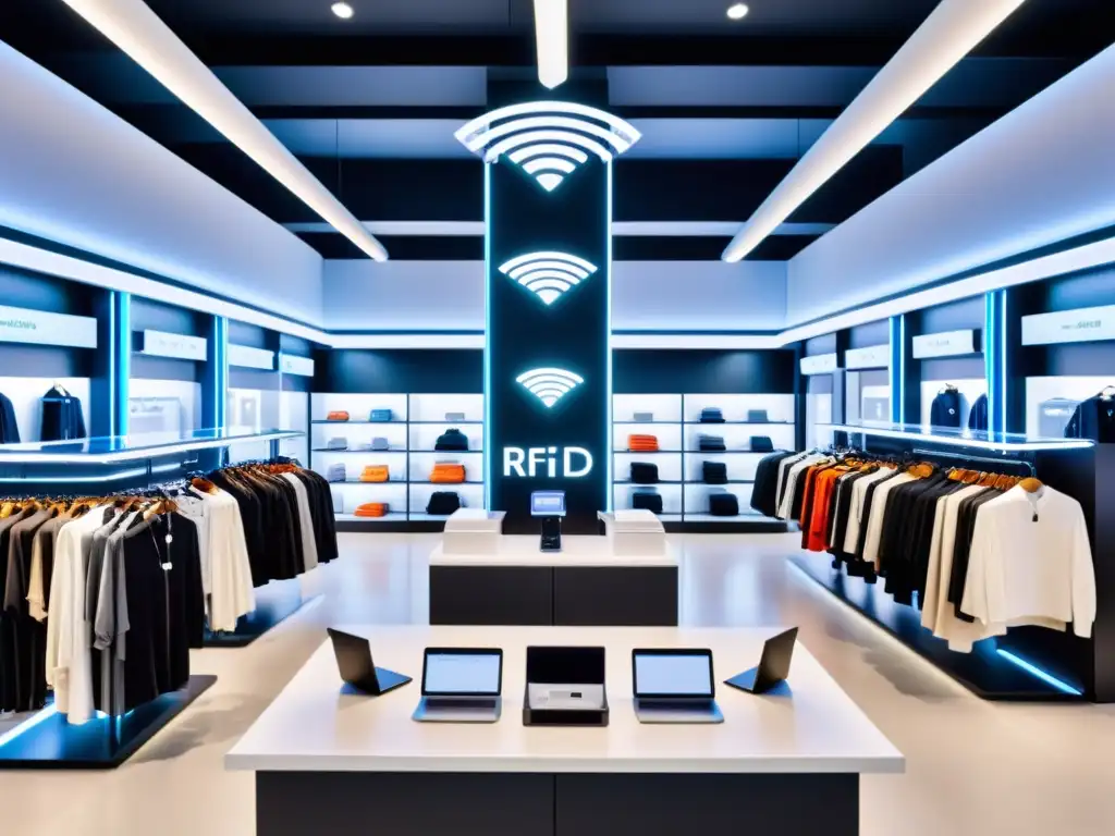 Interior de tienda de moda con tecnología RFID para gestión de inventario en acción, mostrando eficiencia e innovación en la moda