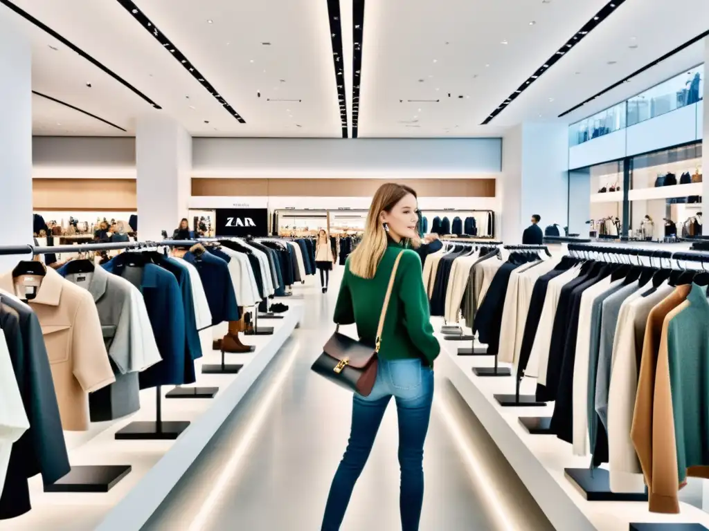 Interior vibrante de tienda Zara con clientes, asesores y tendencias de moda, integrando datos y tecnología