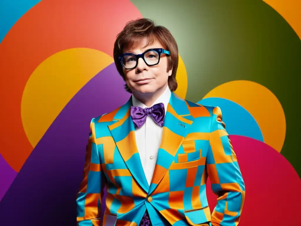 Austin Powers, interpretado por Mike Myers, luce un traje inspirado en los años 60 con patrones psicodélicos y colores vibrantes