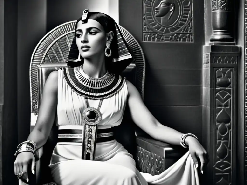 Cleopatra, icónica reina, irradia poder y estilo en un trono lujoso