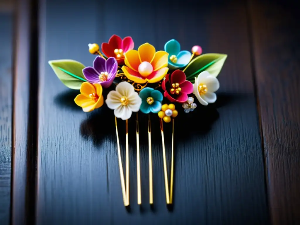 Un kanzashi japonés artesanal con flores de seda, metal y madera oscura