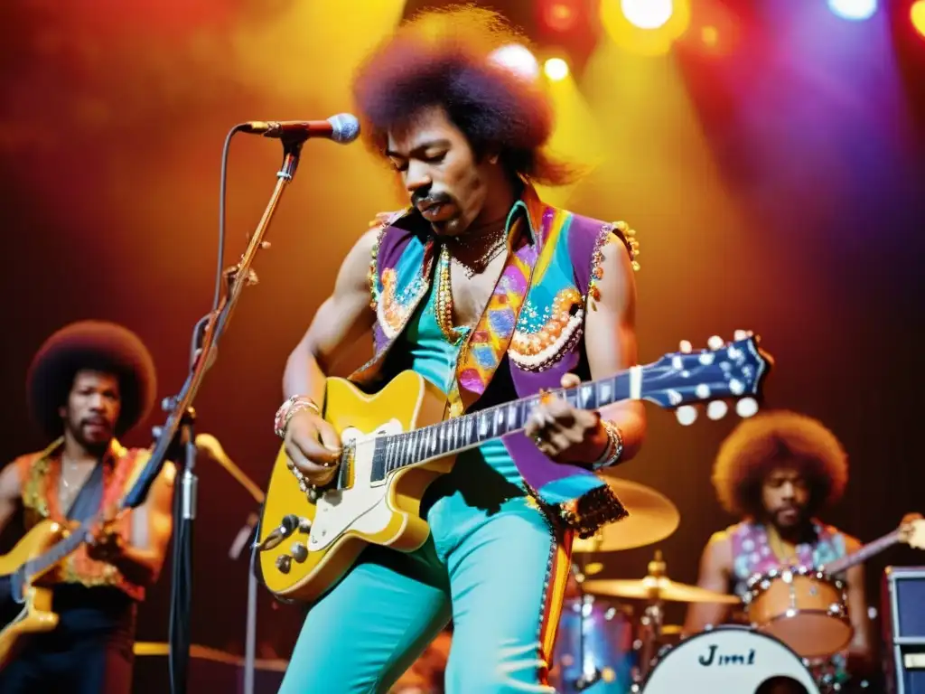 Jimi Hendrix impacta con su estilo en moda y música, tocando apasionadamente su guitarra en un escenario vibrante y psicodélico