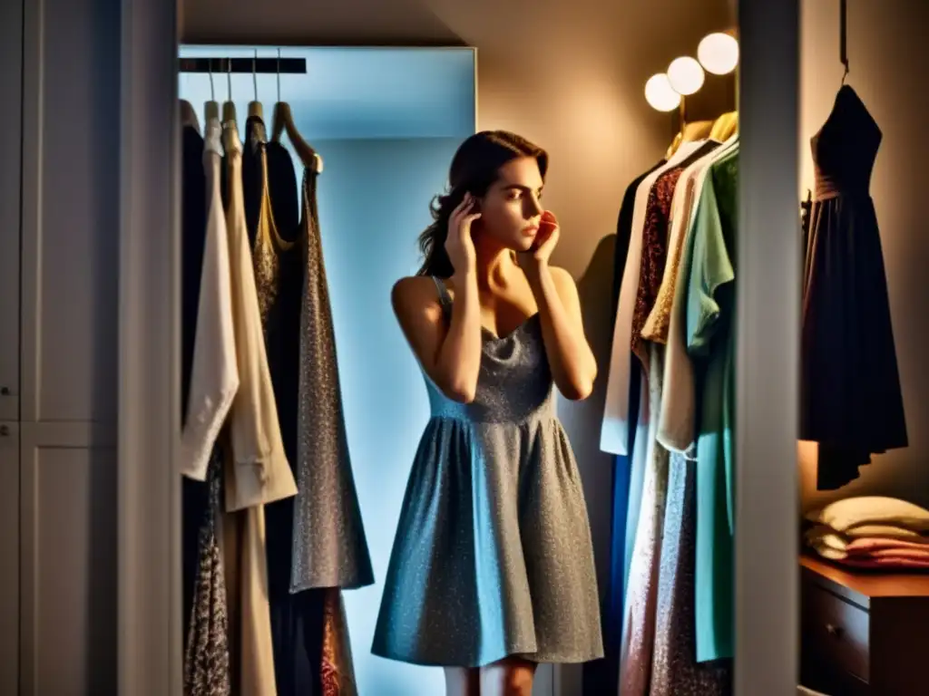 Joven ansiosa elige atuendo en caótico guardarropa, reflejando moda como herramienta para ansiedad