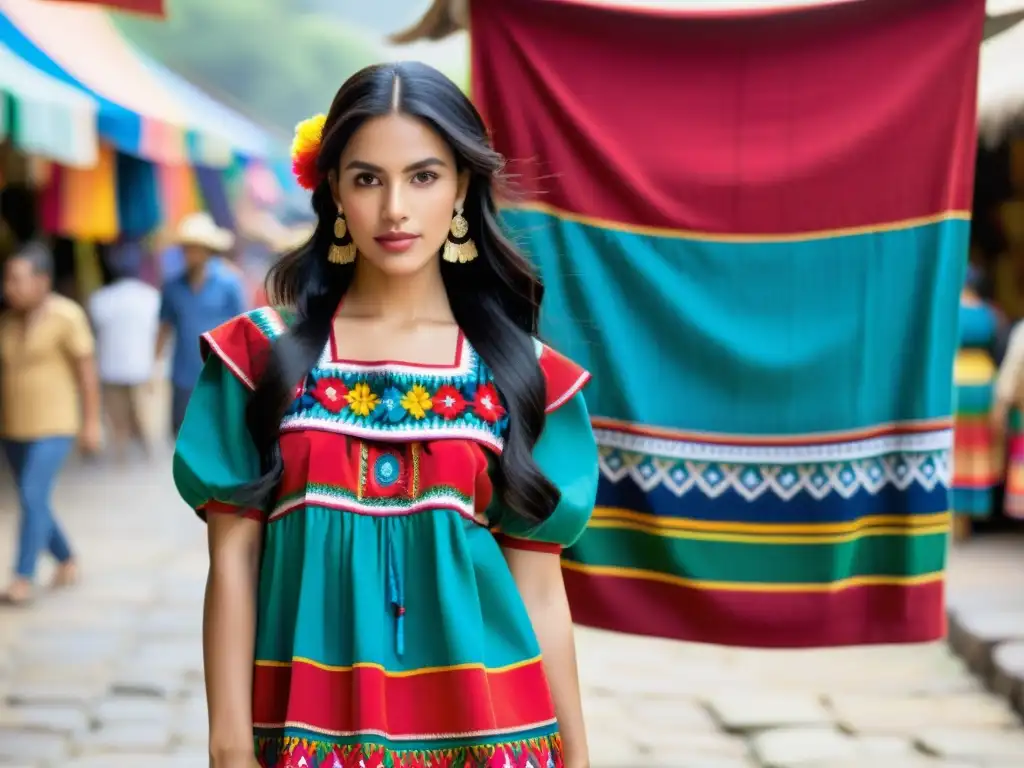 Una joven viste un colorido vestido mestizo en un mercado latinoamericano, reflejando la moda mestiza en Latinoamérica