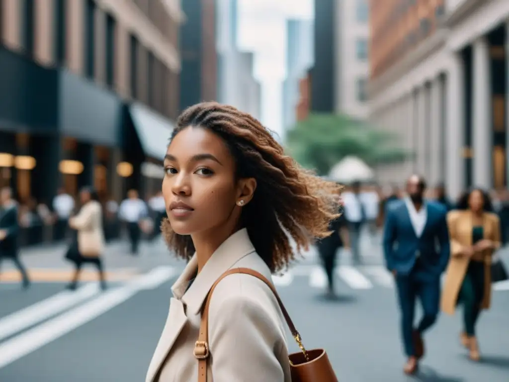 Una joven irradia confianza en una concurrida calle urbana, reflejando el impacto cultural del estilo Glossier en la moda contemporánea