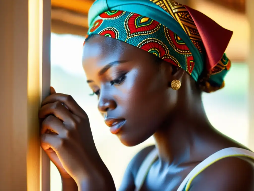 Joven mujer anuda con destreza un pañuelo africano, mostrando su orgullo cultural