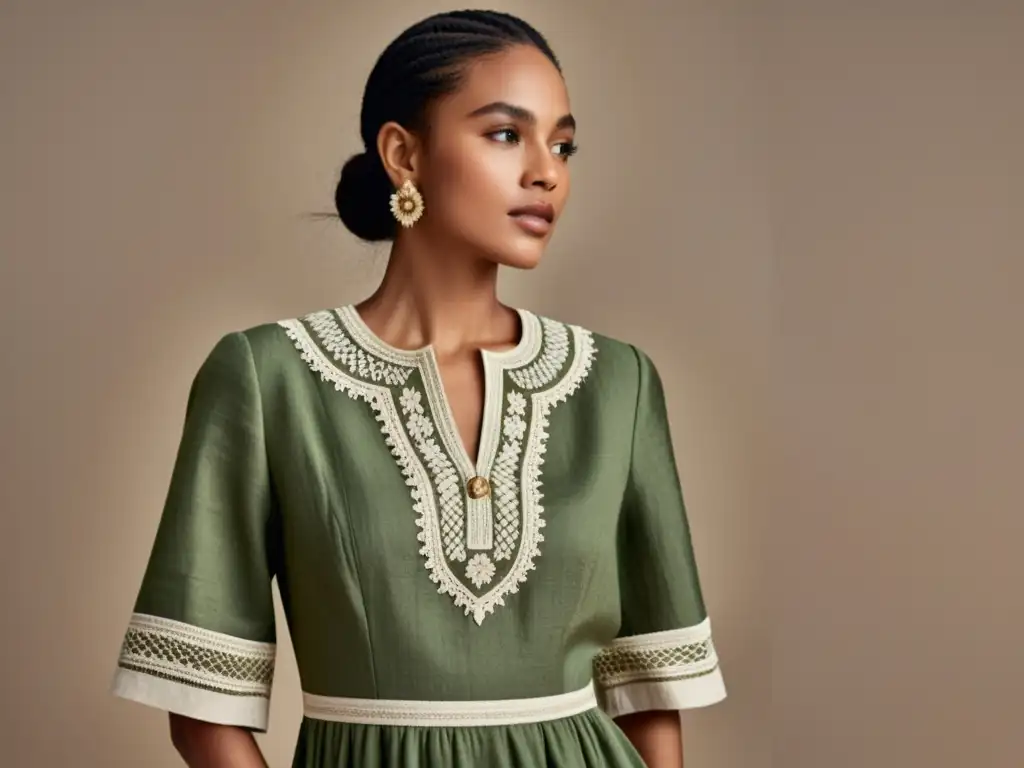 Empoderamiento en la Moda Modesta: Detalles Linosos Joven mujer viste elegante vestido de lino con bordados