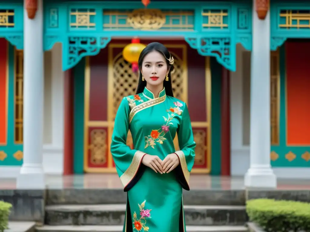 Una joven vietnamita viste un moderno Ao Dai frente a un fondo arquitectónico tradicional, mostrando la evolución del Ao Dai Vietnamita