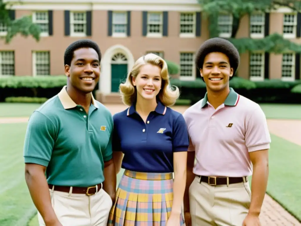 Jóvenes en atuendo preppy de los 80, con actitud confiada en el campus