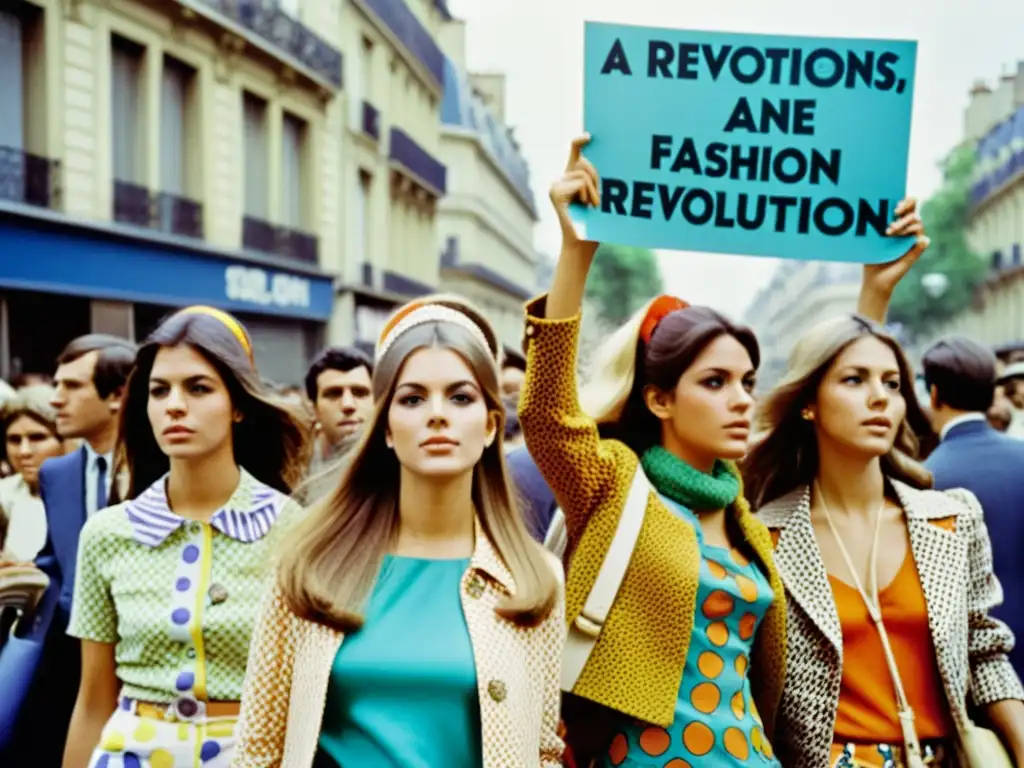 Jóvenes con atuendos llamativos y letreros en las calles de París durante las protestas de Mayo del 68