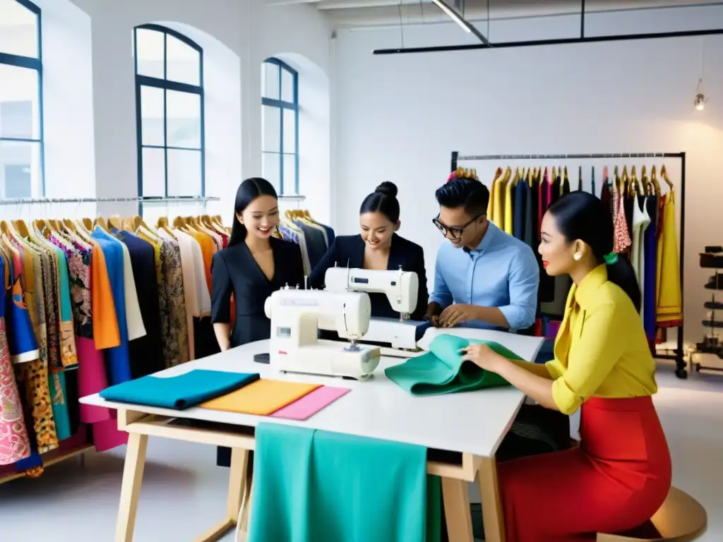 Jóvenes diseñadores malasios en estudio moderno, creando moda contemporánea inspirada en la identidad cultural de Malasia