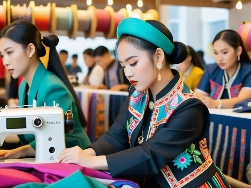 Jóvenes diseñadores de moda Hmong en una ciudad asiática, fusionando indumentaria asiática contemporánea con tradición Hmong y vibrantes telas