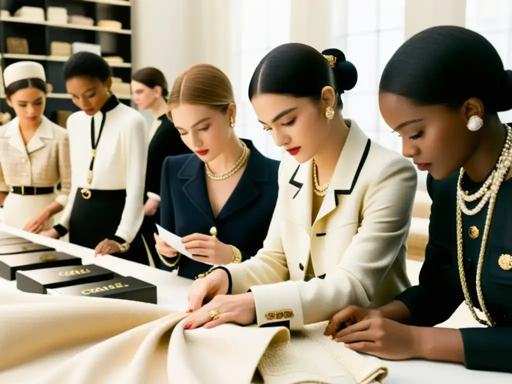 Diseñadores admirando colección Chanel vintage Jóvenes diseñadores de moda estudian con reverencia prendas vintage de Chanel, mostrando el impacto cultural de la alta costura