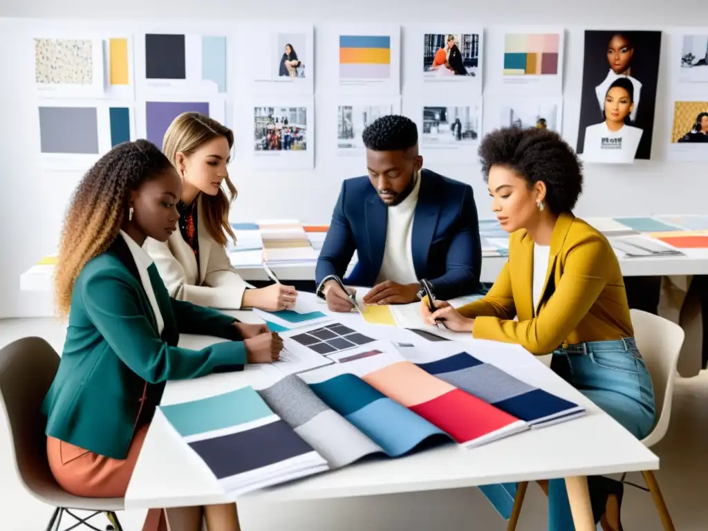 Jóvenes diseñadores de moda discuten creativamente, rodeados de telas y bocetos, en ambiente dinámico y vibrante