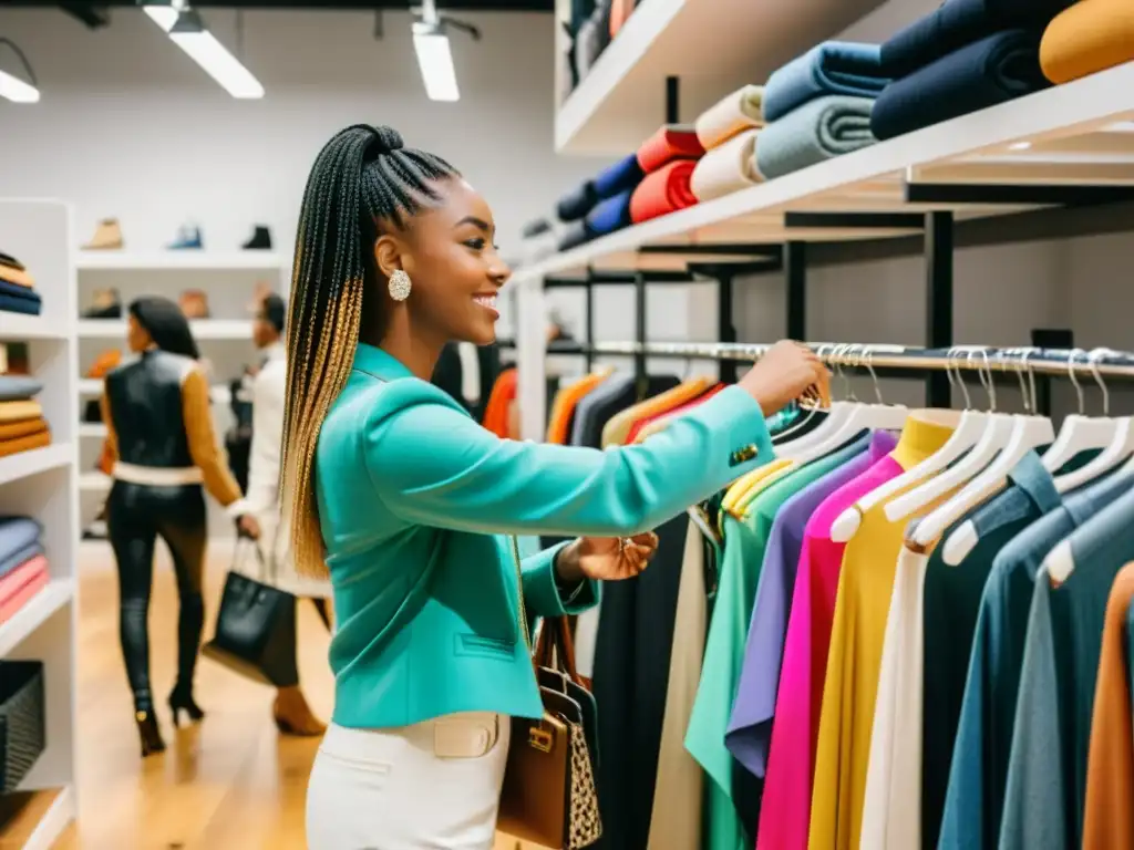 Jóvenes millennials exploran con entusiasmo ropa trendy en una boutique moderna y espaciosa